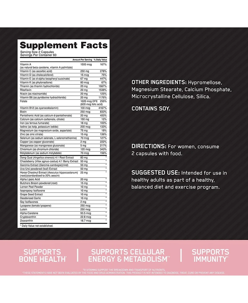 Optimum Nutrition Optimum Nutrition, Opti-Women Multivitamin for Active Women, 120 Capsules, 60 Servings