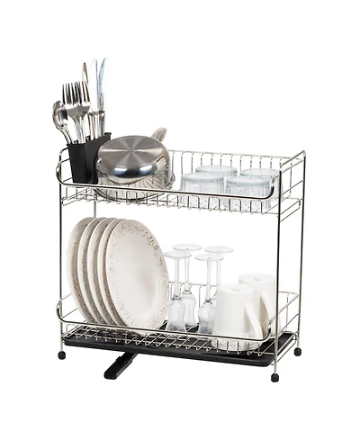 Iris Usa 2-tier Slim-sized Dish Rack with Drain Spout, Black