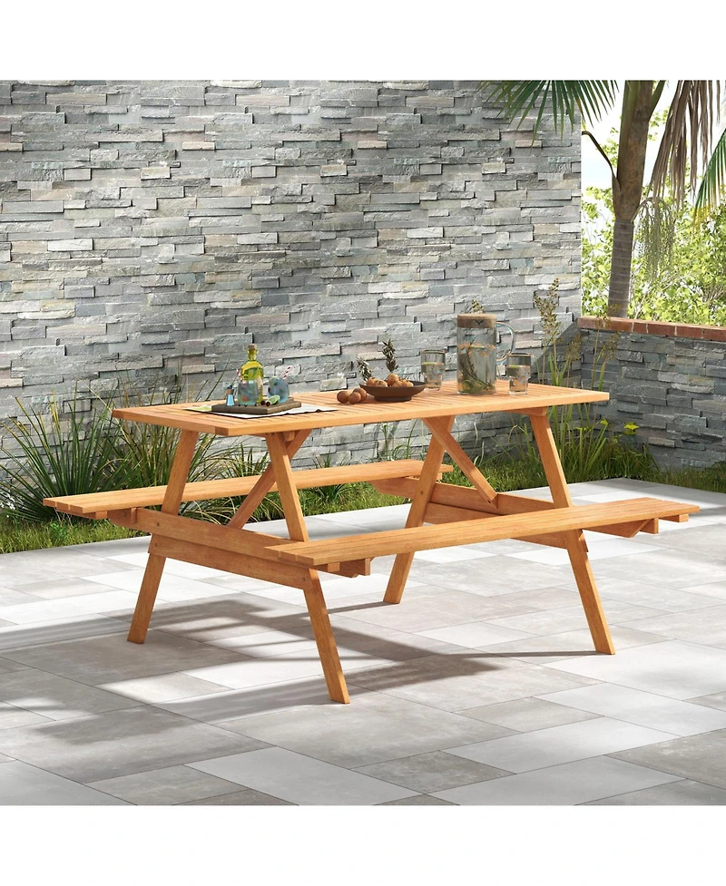 Vebreda 6 Person Picnic Table Set Patio Rectangle with 2 Built-in Benches and Umbrella Hole