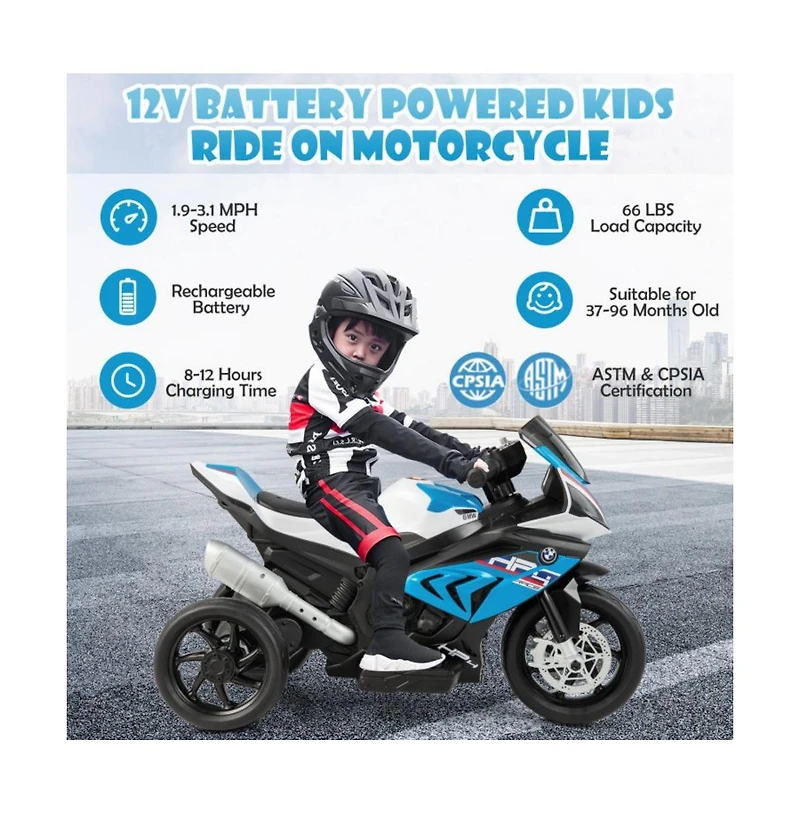 12V Licensed Bmw Kids Motorcycle Ride-On Toy for 37-96 Months Old