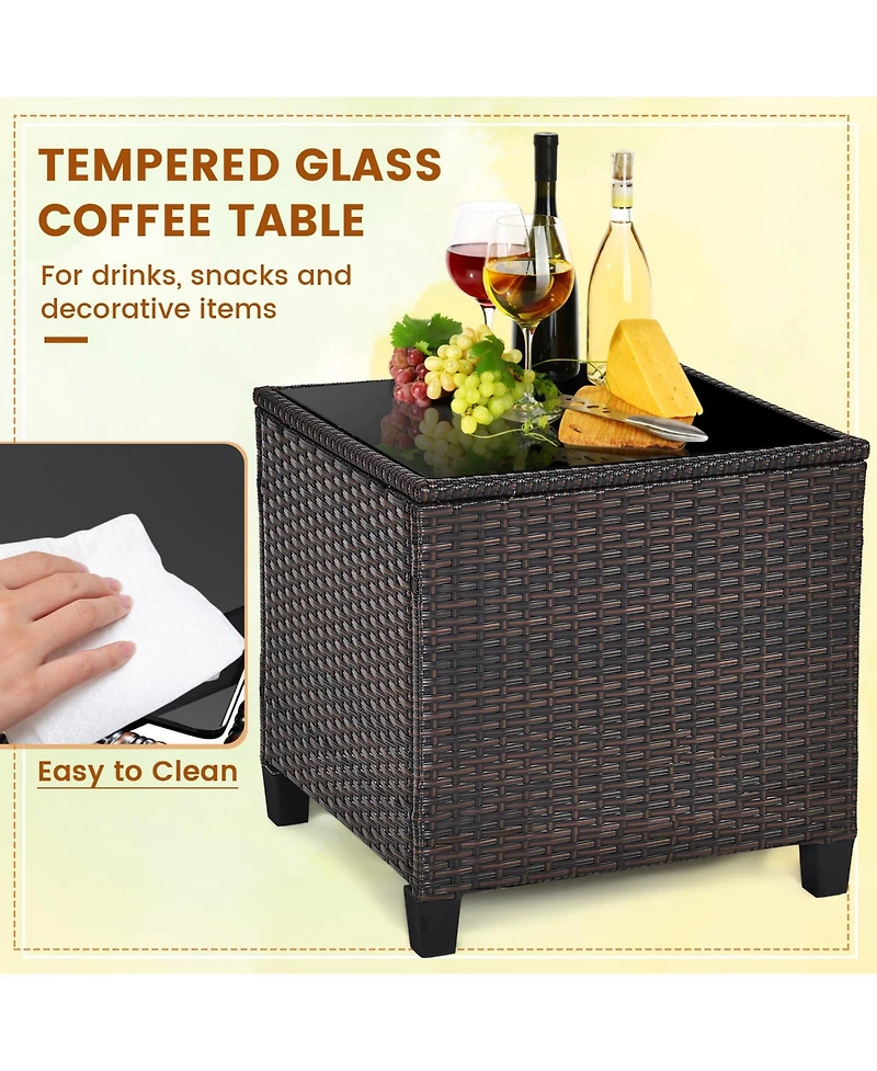 Givimo 3 Pieces Patio Rattan Furniture Set with Washable Cushions and Tempered Glass Tabletop