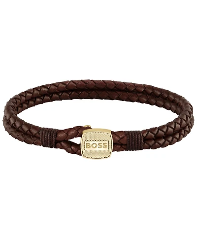 Hugo Boss Men's Seal Ionic Plated Thin Gold Steel Brown Leather Bracelet