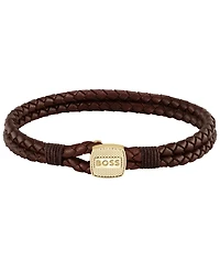 Hugo Boss Men's Seal Ionic Plated Thin Gold Steel Brown Leather Bracelet