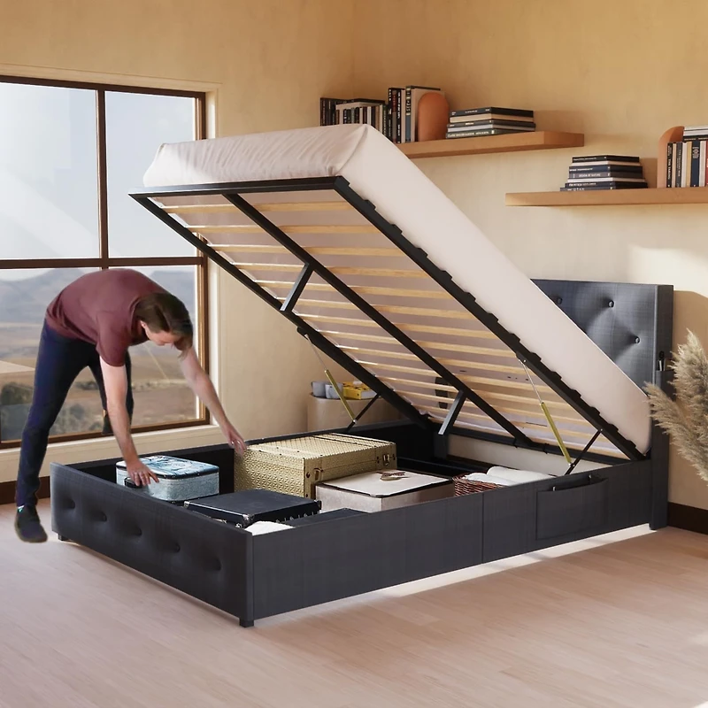 Streamdale Queen Bed Frame with Storage, Lift Up, Wingback Headboard, Usb Ports