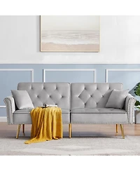 Streamdale Furniture Grey Velvet Tufted Sofa Couch with 2 Pillows and Nailhead Trim