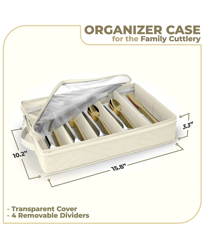 Sorbus Fabric Chest Flatware & Silverware Organizer Box with Zipper Clear Lid & Adjustable Divider (Beige)