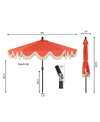 Jonathan Y 9ft Tassel Market Patio Umbrella Auto-Tilt, Crank, Wind Vent Uv Protection