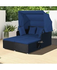 Costway Patio Rattan Daybed Lounge Retractable Top Canopy Side Tables Cushions