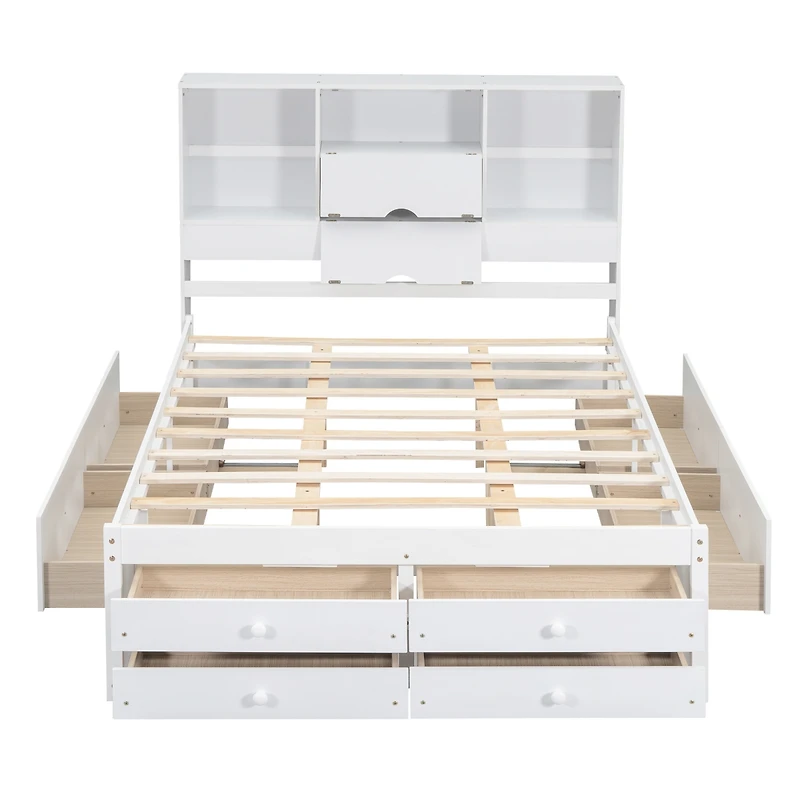 Streamdale Queen Size Platform Bed with Storage Headboard and 8 Drawers, White