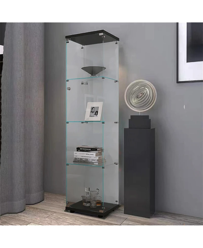 Streamdale 4 Shelves Glass Cabinet Glass Display Cabinet With One Door, Black