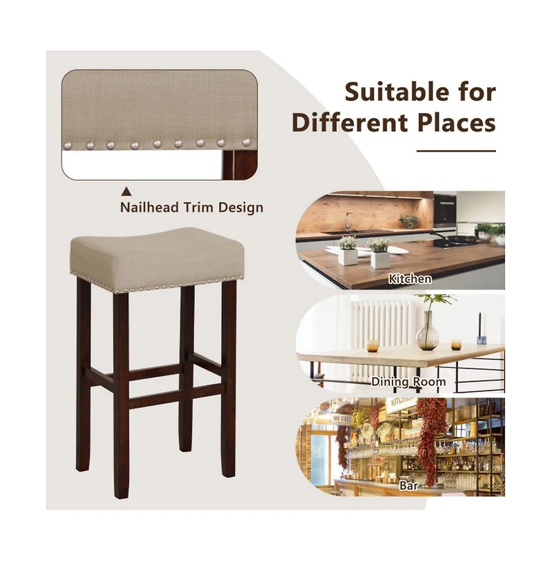 Sugift 2 Set of 29 Inch Height Upholstered Bar Stool with Solid Rubber Wood Legs and Footrest