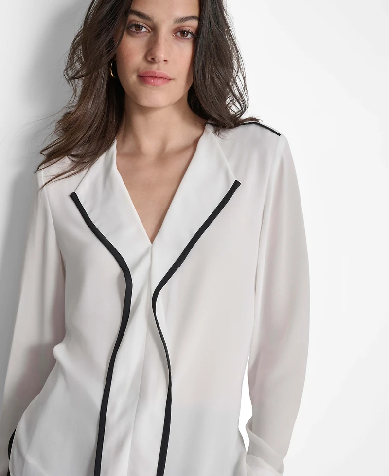 Dkny Women's Long Sleeve Trimmed Lapel Blouse, Regular & Petite