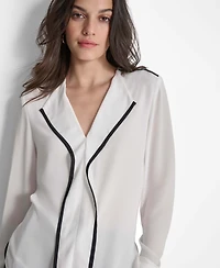 Dkny Women's Long Sleeve Trimmed Lapel Blouse, Regular & Petite