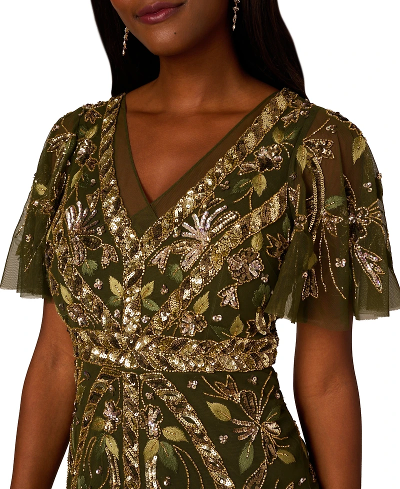 Adrianna Papell Women's V-Neck Embellished Flutter-Sleeve Dress