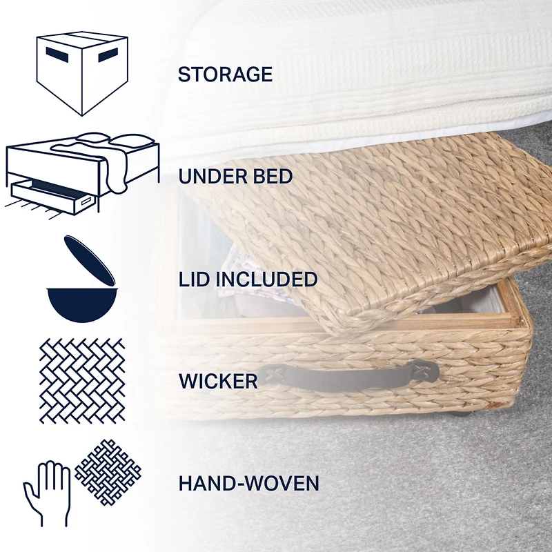 Chett 26.38" Minimalist Hand-Woven Hyacinth/Wood Underbed Storage Bin with Wheels and Handles