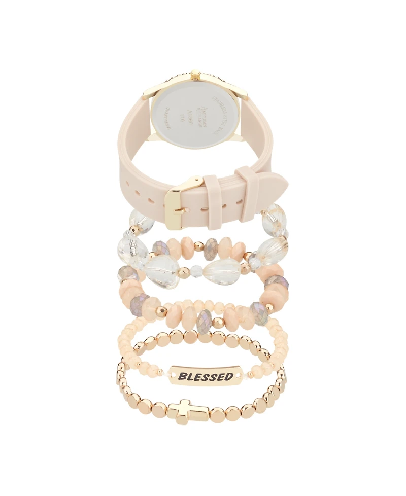 American Exchange Women's Matte Beige Silicone Strap Analog Watch 38mm with Stackable Bracelets Gift Set