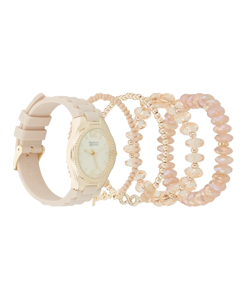 American Exchange Women's Beige Silicone Strap Analog Watch 35mm with Stackable Bracelets Gift Set