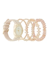 American Exchange Women's Beige Silicone Strap Analog Watch 35mm with Stackable Bracelets Gift Set