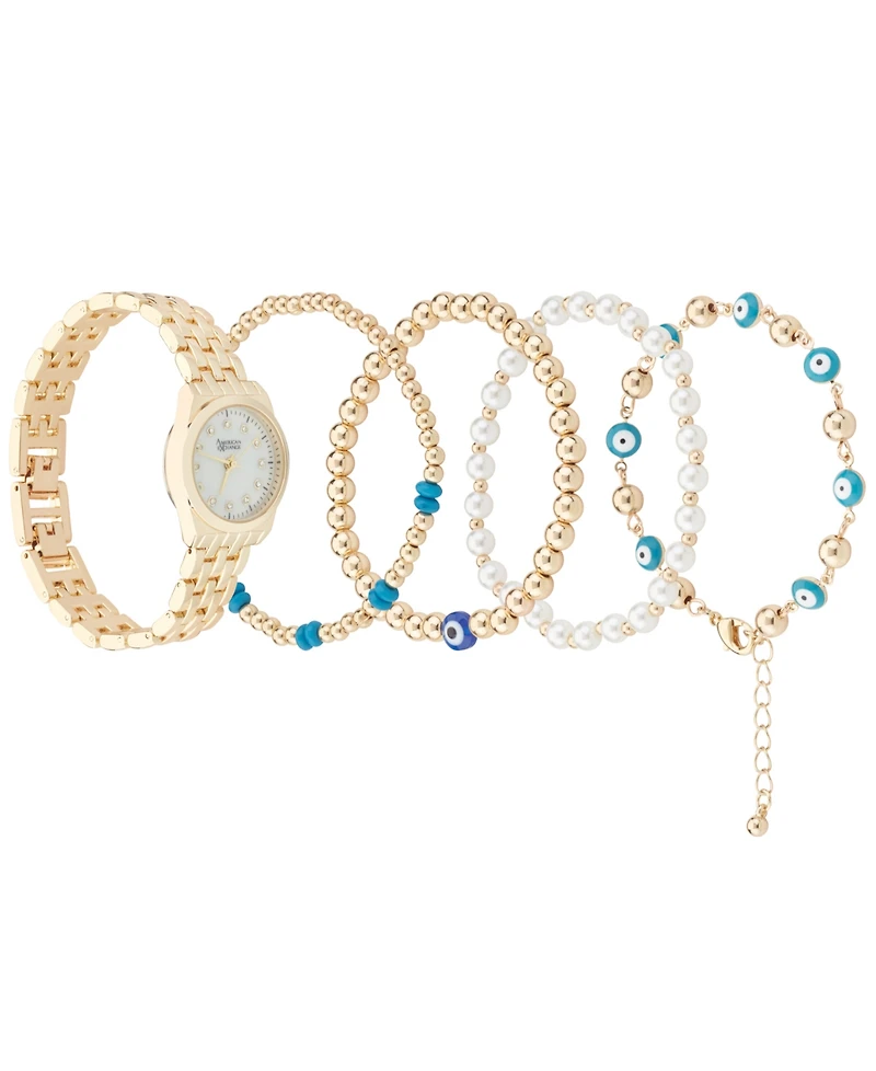 American Exchange Women's Shiny Gold Metal Alloy Band Analog Watch 26mm with Stackable Bracelets Gift Set
