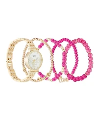 American Exchange Women's Shiny Gold Metal Alloy Band Analog Watch 31mm with Stackable Bracelets Gift Set