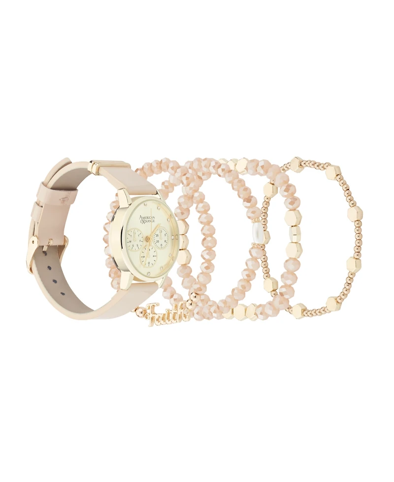 American Exchange Women's Beige Polyurethane Leather Strap Analog Watch 32mm with Stackable Bracelets Gift Set