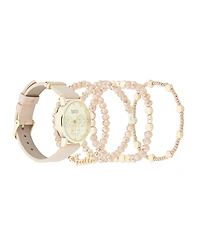 American Exchange Women's Beige Polyurethane Leather Strap Analog Watch 32mm with Stackable Bracelets Gift Set