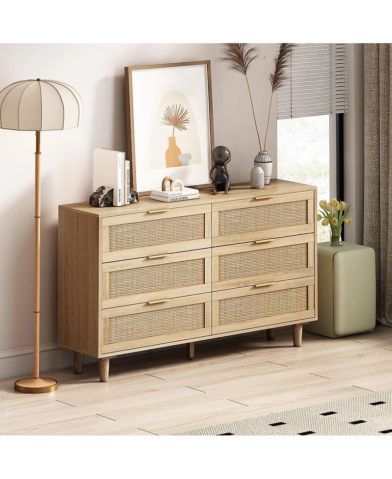 51.18" 6-Drawers Rattan Storage Cabinet Rattan Drawer, For Bedroom, Living Room, Natural