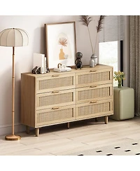 51.18" 6-Drawers Rattan Storage Cabinet Rattan Drawer, For Bedroom, Living Room, Natural