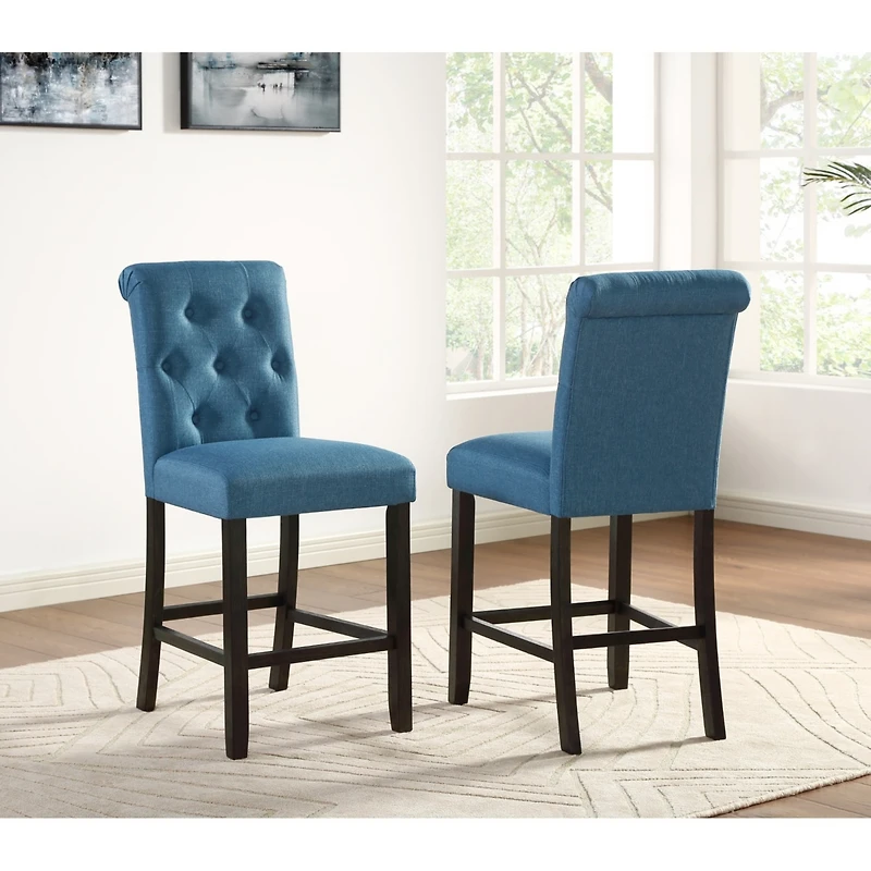 Streamdale Furniture Solid Wood Tufted Asons Counter Height Stool, Set of 2, Blue