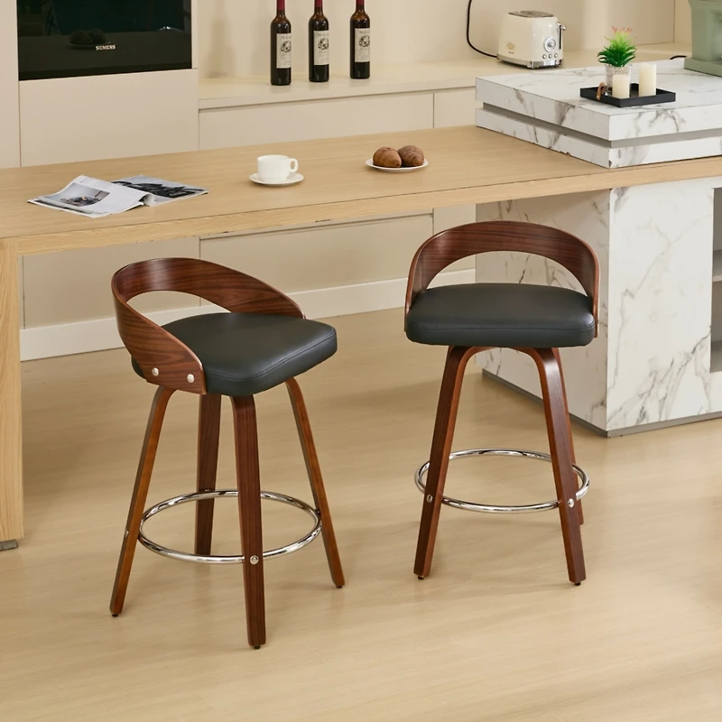 Walnut Finish Mid-Century Modern Bar Stools (Set of 2