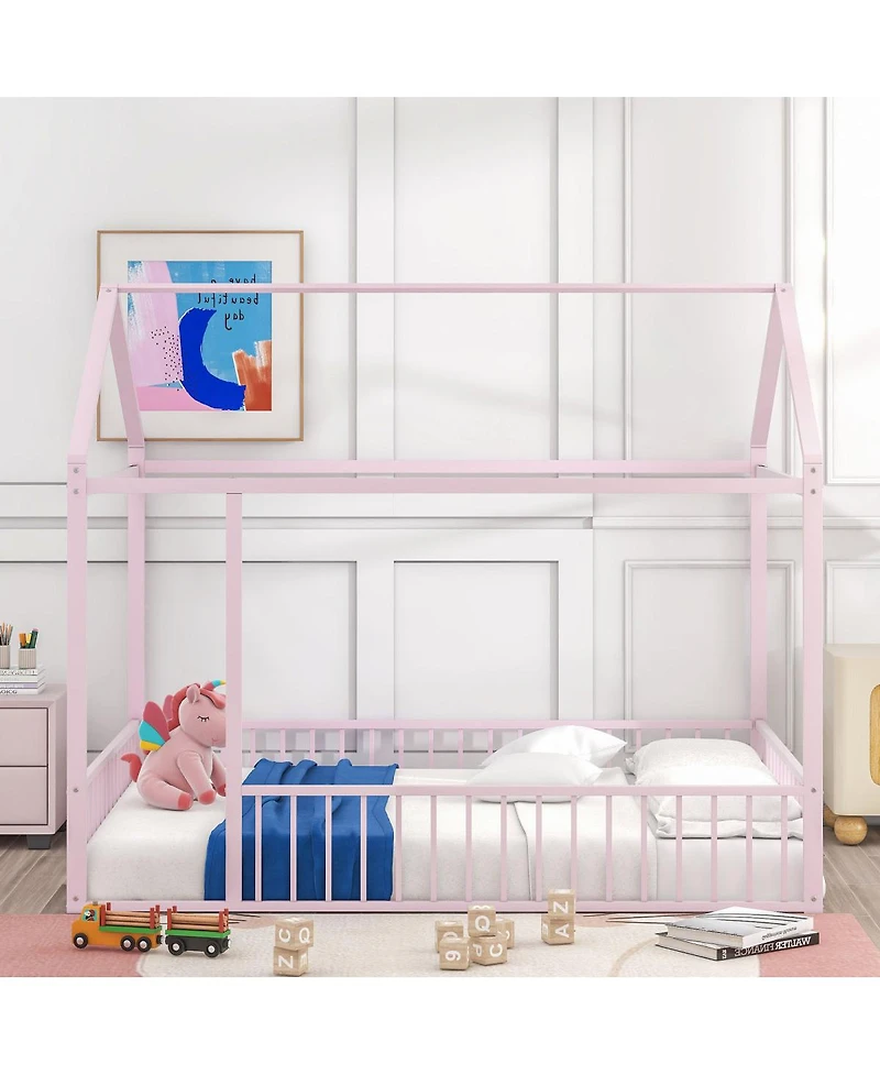 Streamdale Metal House Bed Frame with Fence for Kids