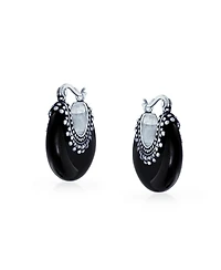 Bling Jewelry Boho Bali Style Tribal Oval Half Crescent Stone Hoop Earrings Oxidized Milgrain Caviar Bead Sterling Silver