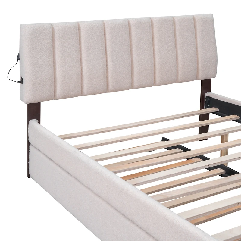 Streamdale Teddy Fleece Full Upholstered Platform Bed With Trundle, Beige