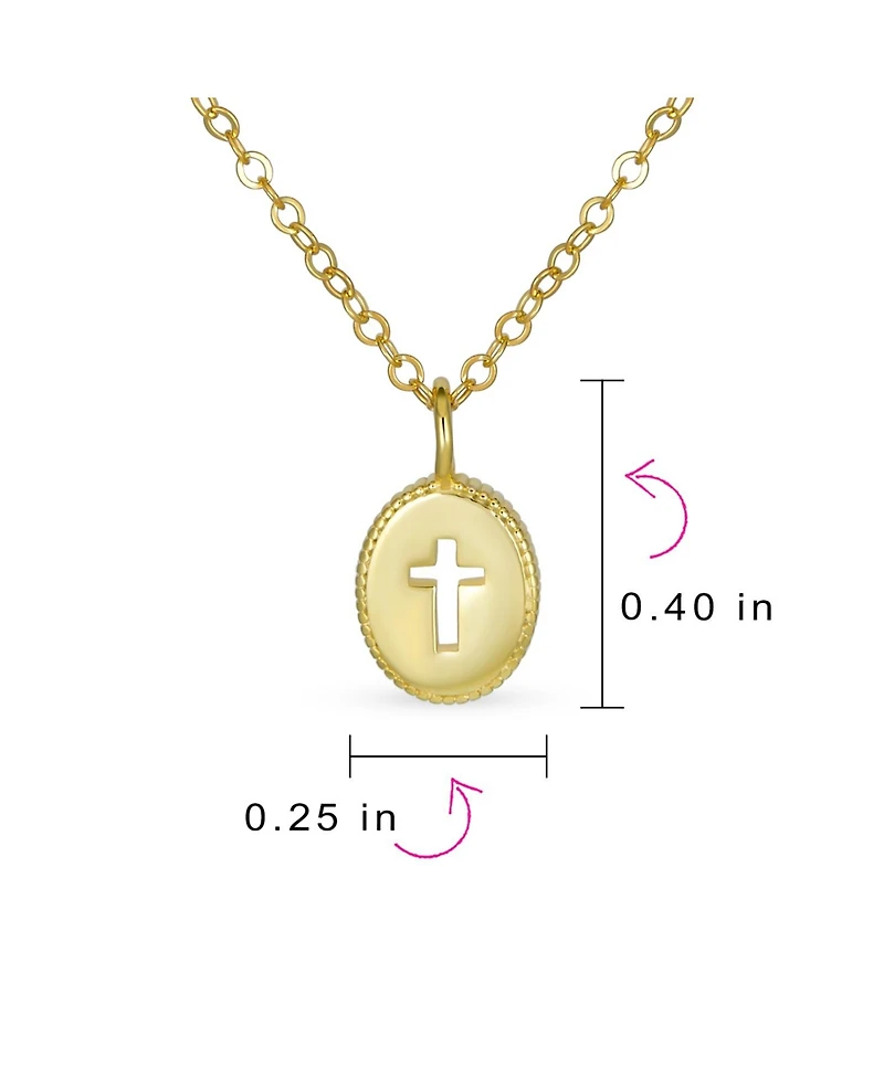 Bling Jewelry Tiny Petite Religious Mini Medallion Oval Cross Necklace Pendant Gold Plated Sterling Silver Milgrain Edge With Chain
