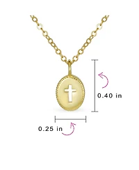 Bling Jewelry Tiny Petite Religious Mini Medallion Oval Cross Necklace Pendant Gold Plated Sterling Silver Milgrain Edge With Chain