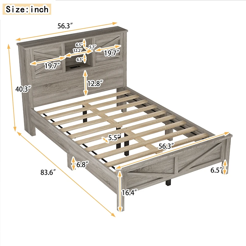 Rustic Full Size Farmhouse Bed with Charging Station