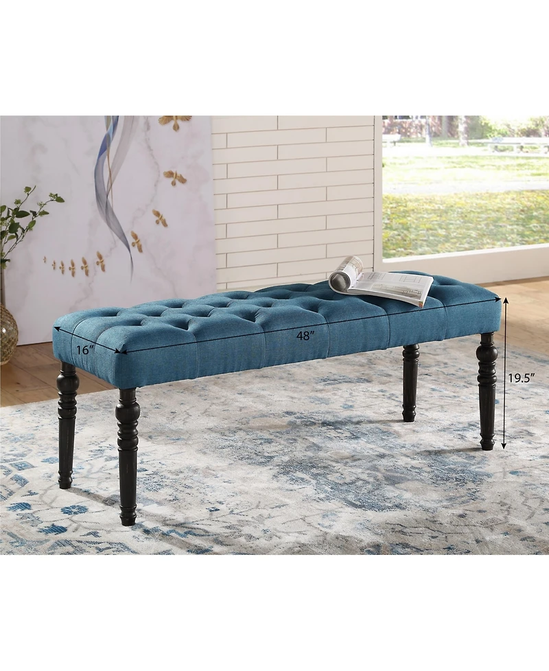 Streamdale Fabric Tufted Turned Leg Dining Bench, Blue