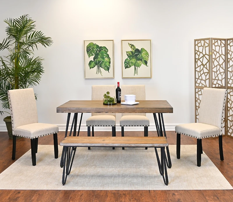 Streamdale Amisos 6-Piece Dining Set Hairpin Table, 4 Chairs, Bench (Tan)
