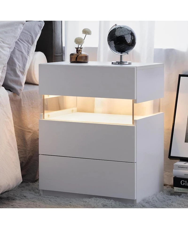 Streamdale Modern Led Nightstand with 3 Drawers and Multi-Color Rgb Lighting