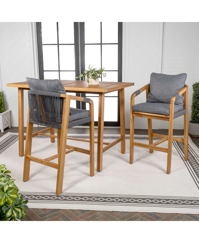 Jonathan Y Porto Modern Coastal 3-Piece Acacia Wood Outdoor Bar Set with Cushions