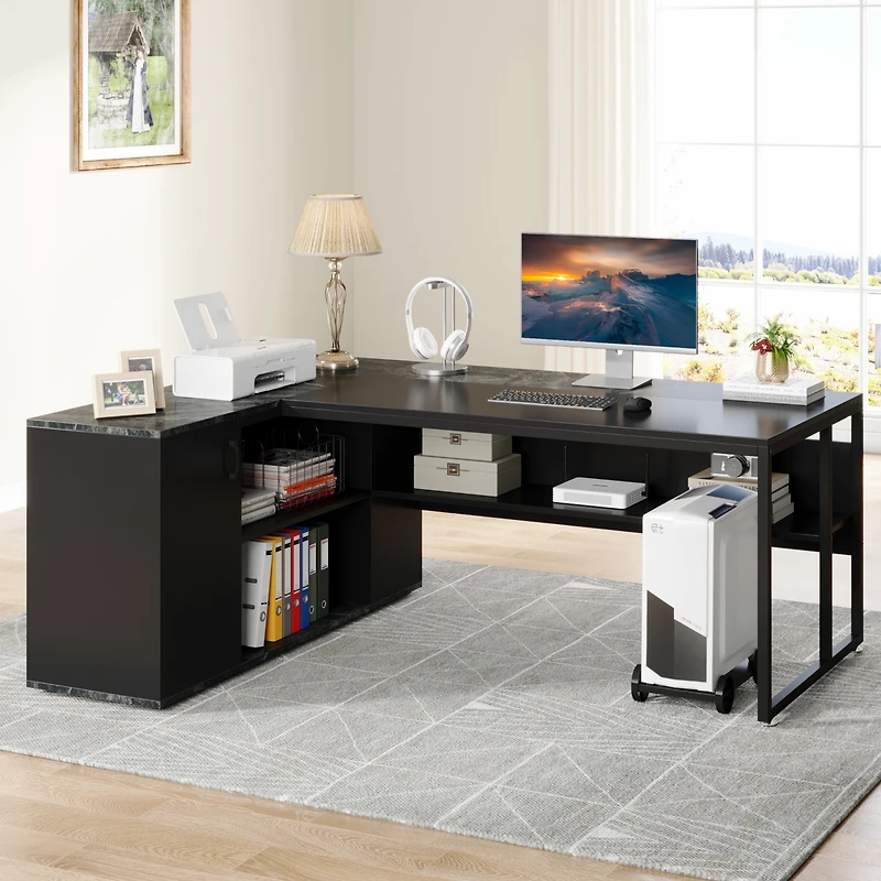 Tribesigns 71 inch Executive Desk, L Shaped Desk with Cabinet Storage, Office Shelves for Home