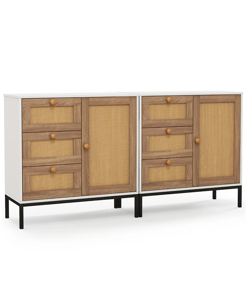 Rattan Sideboard Buffet Cabinet with 1 Door and 3 Drawers