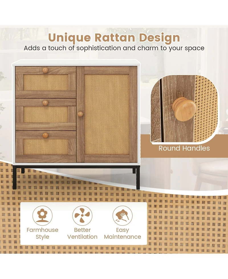 Rattan Sideboard Buffet Cabinet with 1 Door and 3 Drawers
