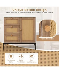 Rattan Sideboard Buffet Cabinet with 1 Door and 3 Drawers