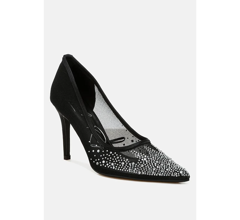 High Ball Mesh Rhinestone Stiletto Pumps