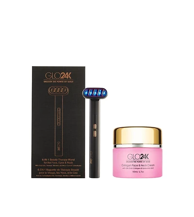 GLO24K 6-in-1 Beauty Therapy Wand for the Face, Eyes & Neck and 24K Collagen Cream