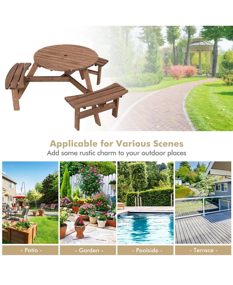 6 Person Wooden Picnic Table Set with Bench and Umbrella Hold