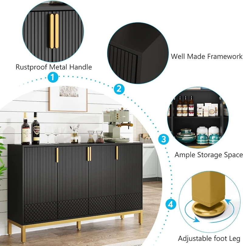 Tribesigns Modern Storage Cabinet, 59 Inch Console Cabinet Sideboard Buffet with 4 Doors & Gold Metal Base, Entryway Cupboard Furniture for Li