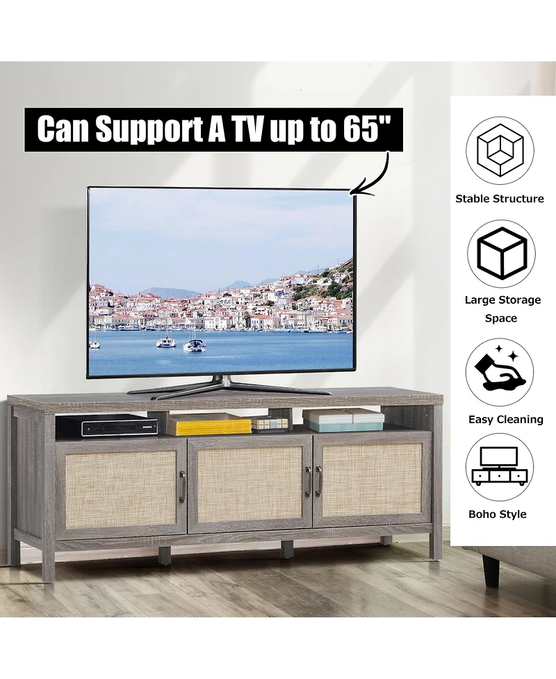 Gymax Tv Stand Entertainment Media Center for Tv's up to 65'' w/ Rattan Doors Grey Oak