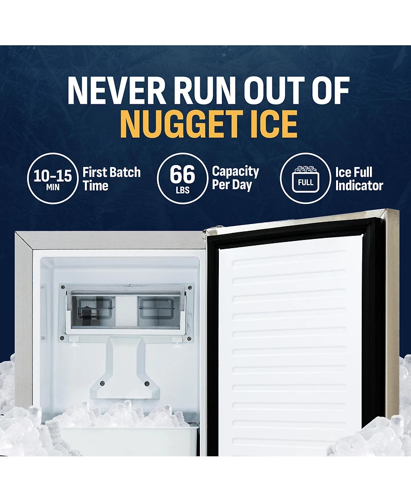 Newair 15” Undercounter Nugget Ice Maker, Pebble Ice Maker Producing 66 lbs. Daily, Built-in or Freestanding in Stainless Steel, Sonic Ice Make